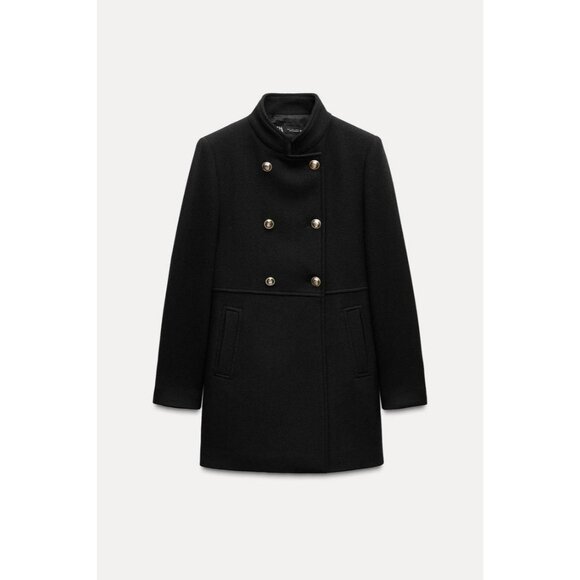 Zara Womens Double Breast Coat Small S Black Wool Blend gold button 9762/141 NWT - Picture 1 of 16